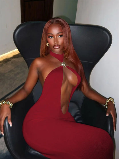 Seltsame Puss Sexy Frau Kleid Ärmellose Hohl Backless Metall Ringe Dünne Elastizität Einfache Party 2025, Sommer Trend Vestidos