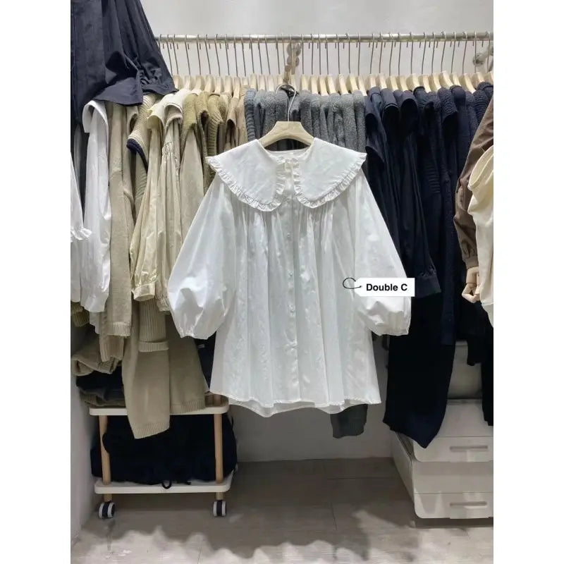 Shirts Women Spring New Plaid Peter Pan Collar Ruffles Loose All-match College Japanese Mujer Kawaii Swwet Tender Chemise Femme