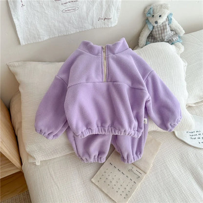 Kids Fleece Warm Set Winter Plus Velvet Outfits Long Sleeved Pullover Tops+Pants 2Pcs Autumn Children's Casual Clothing Suits.