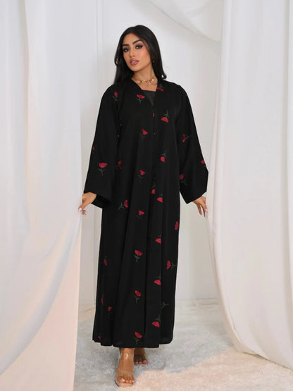 Women Middle East Arabic Dubai Abaya Luxury Rose embroidery Kimono Cardigan Long Dress Modest Robe Femme Islam Clothing Kebaya.