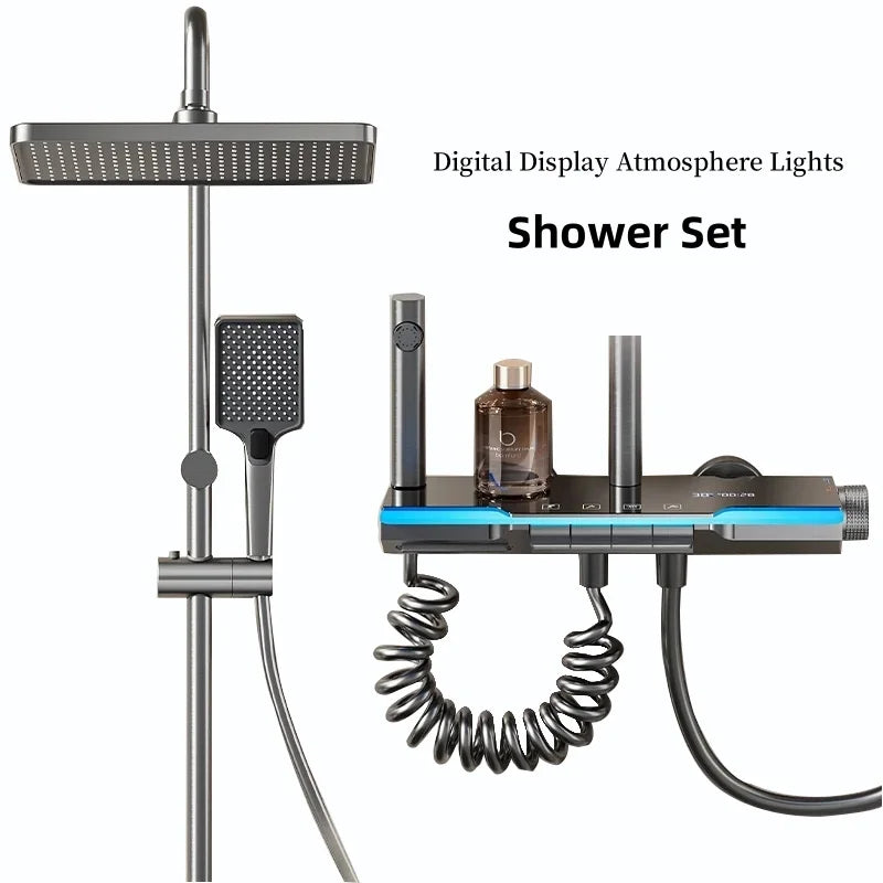 Space aluminum digital display atmosphere light shower shower set, 4-speed turbocharged bathroom shower