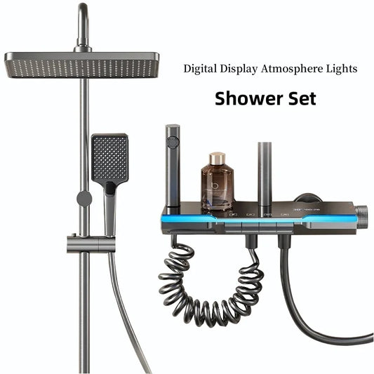 Space aluminum digital display atmosphere light shower shower set, 4-speed turbocharged bathroom shower
