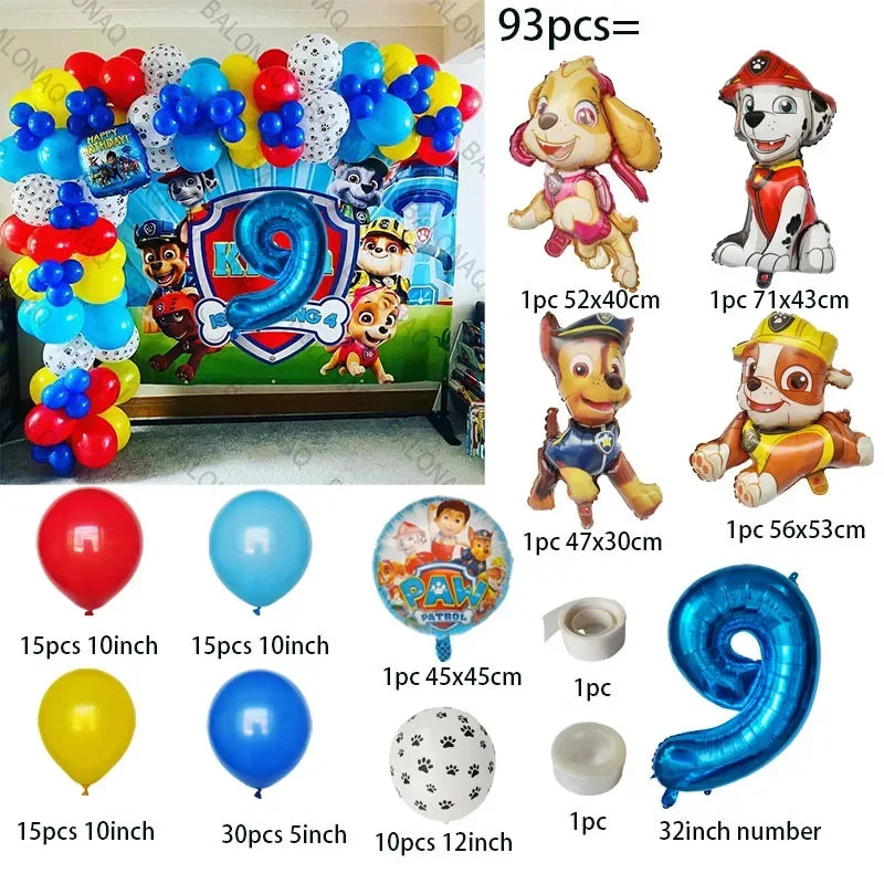 93PCS Dog Theme Party Set Birthday Party Decoration Paw Patrol Skin Dog Paw Balloon Bone Aluminum Film Balloon Decoration.