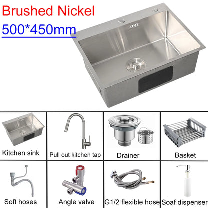 Stainless Steel Kitchen Sink with Hot Cold Pull Out Kitchen Sink Faucets Digital Large Single Bowl Waterfall Rain Kitchen Sinks