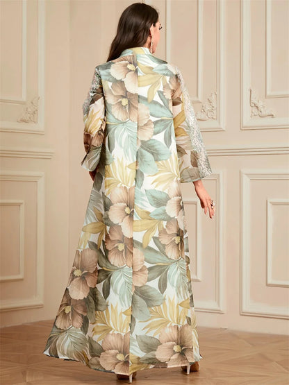 Siskakia Ramadan Dubai Floral Print Long Dress Sequins Patchwork Abayas Mesh Kebaya For Muslim Women's Casual Loose Clothing.