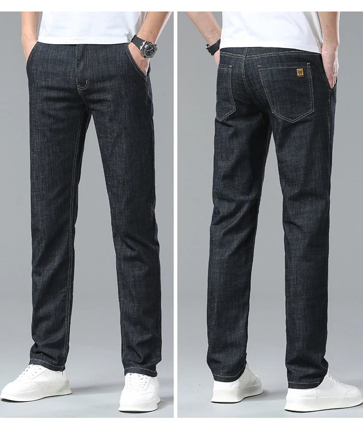 Men's Ice Silk Jeans Summer New Lyocell Thin Business Casual Denim Pants Classic All Match Slim Fit Straight Elastic Jean Male