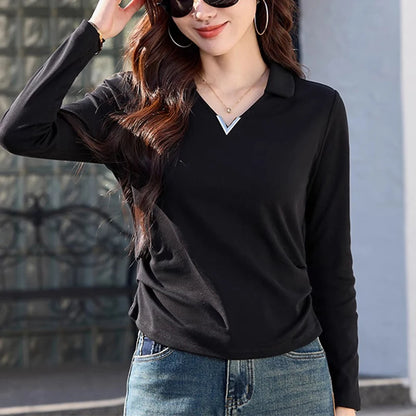Korean version wine red long sleeved T-shirt for women in spring and autumn, new high-end fashion plus size lapel casual top.