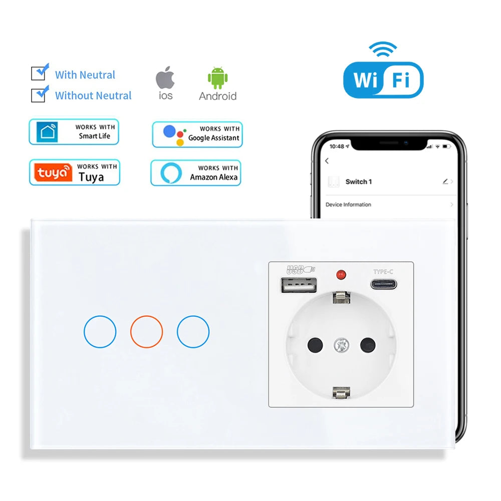 SRAN Smart Switch mit Wandsteckdose 16A EU, Tuya Smart Life Home Touch Sensor WiFi Lichtschalter Weiß