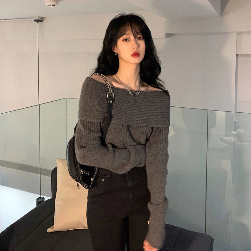 Lucyever Slash Neck Strick pullover Frauen sexy schulter freie Langarm pullover weibliche koreanische elegante verdicken schlanke Pullover Top