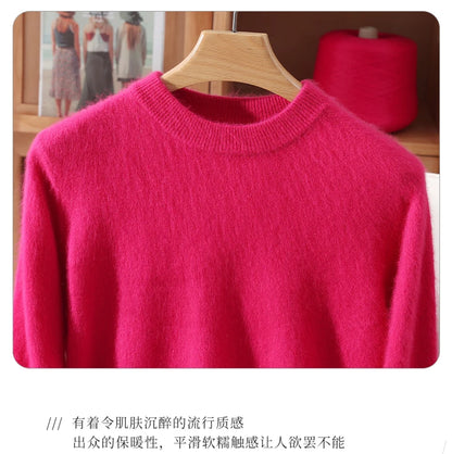 Women's Round-neck Mink Cashmere Sweater Soft Pullover Jumper Comfortable Knitted Top for Autumn Winter Pure Mink Material
