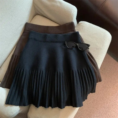 Pleated Mini Skirts Korean Sweet Knitted Skirts Sweet Elastic Waist Ladies Casual Youthful For Women's Clothes Solid Fashion New.