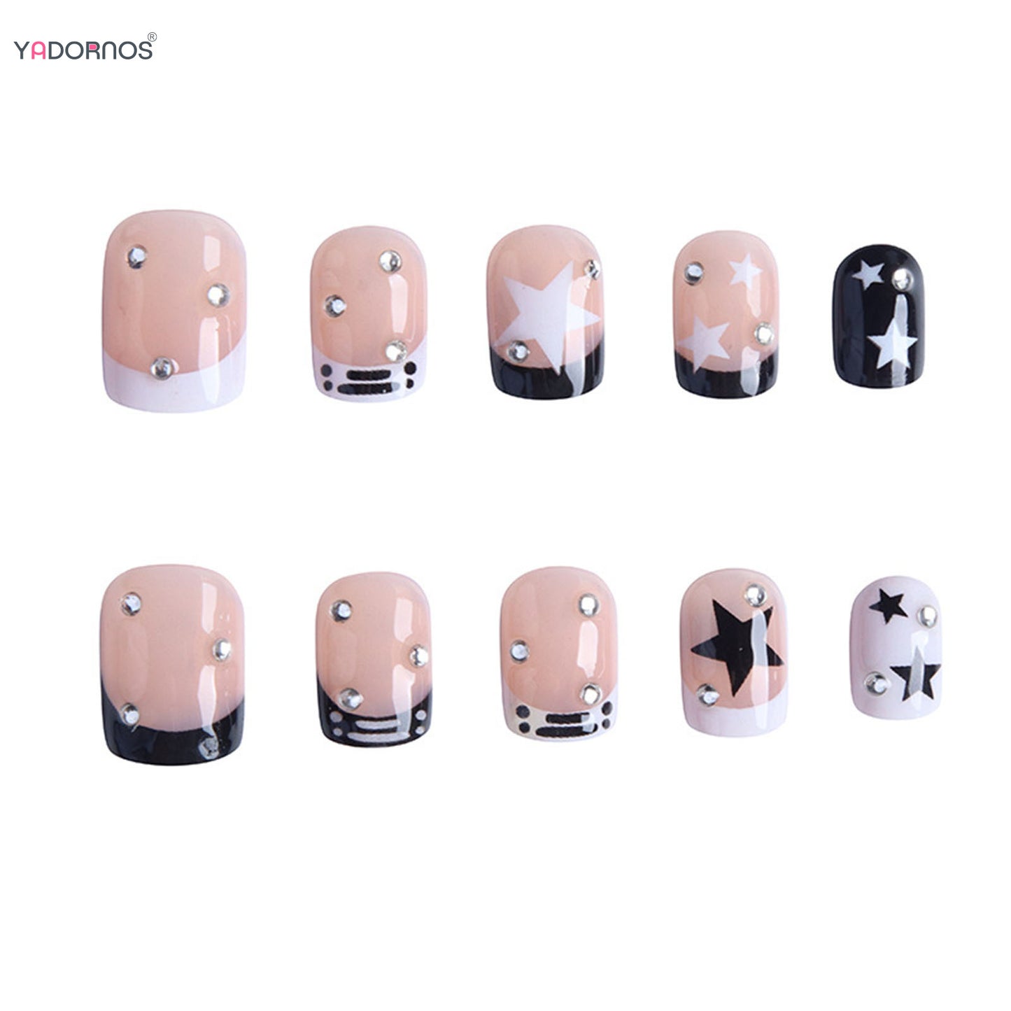 Short Square Fake Nails Y2K Style Nails Press on White/Black French Tips Star Diamond Designs False Nails for y2k Girls 24Pcs.