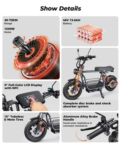 iScooter DX5 Electric Motorcycle 1500W Motor 48V15.6AH With Basket Cargo Ebike 15 inch Fat Tire with NFC Adult Electric Scooter.