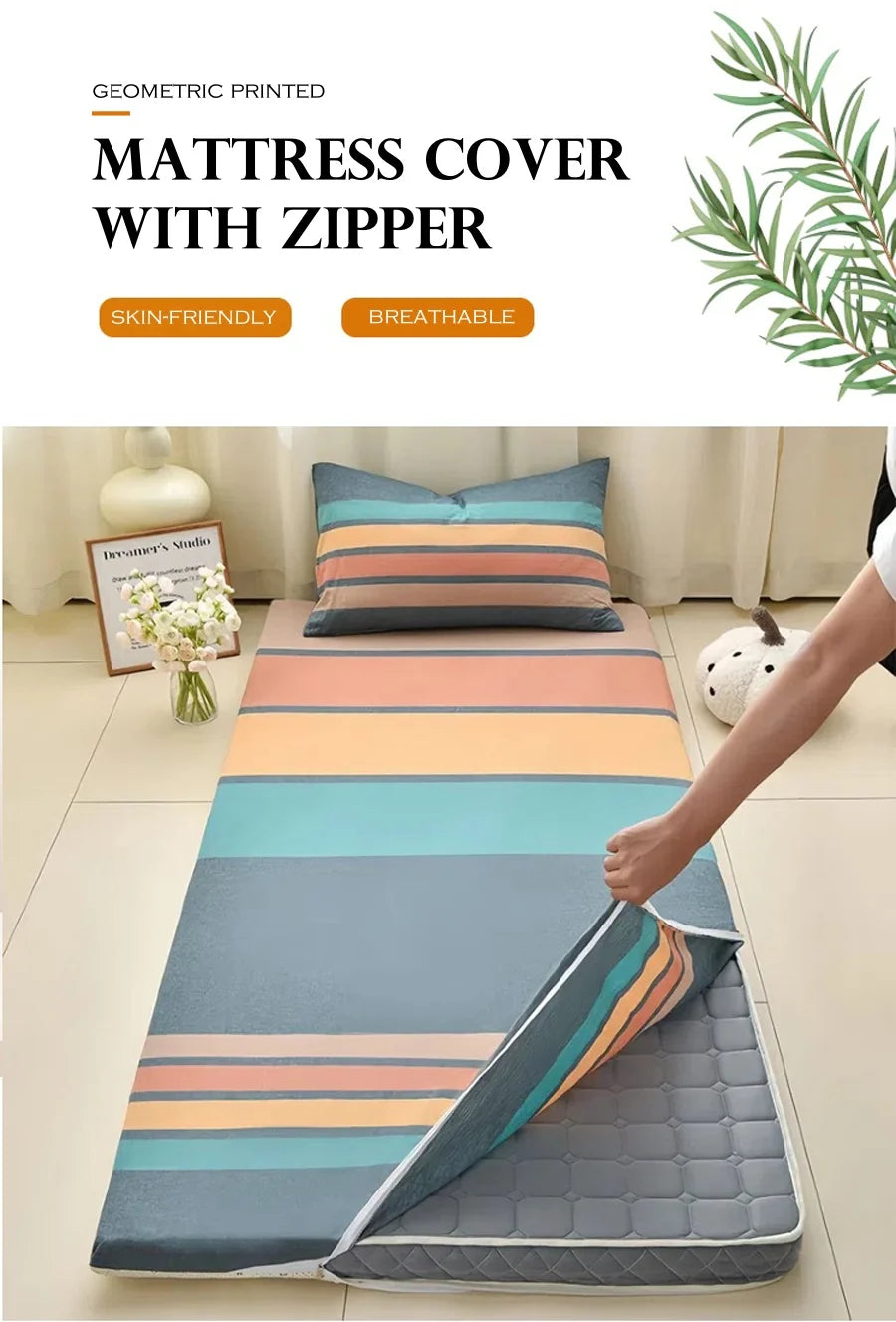 WOSTAR Geometric printed mattress protector cover with zipper fully enclosed single bed sheet pure cotton protection pad 90x190.