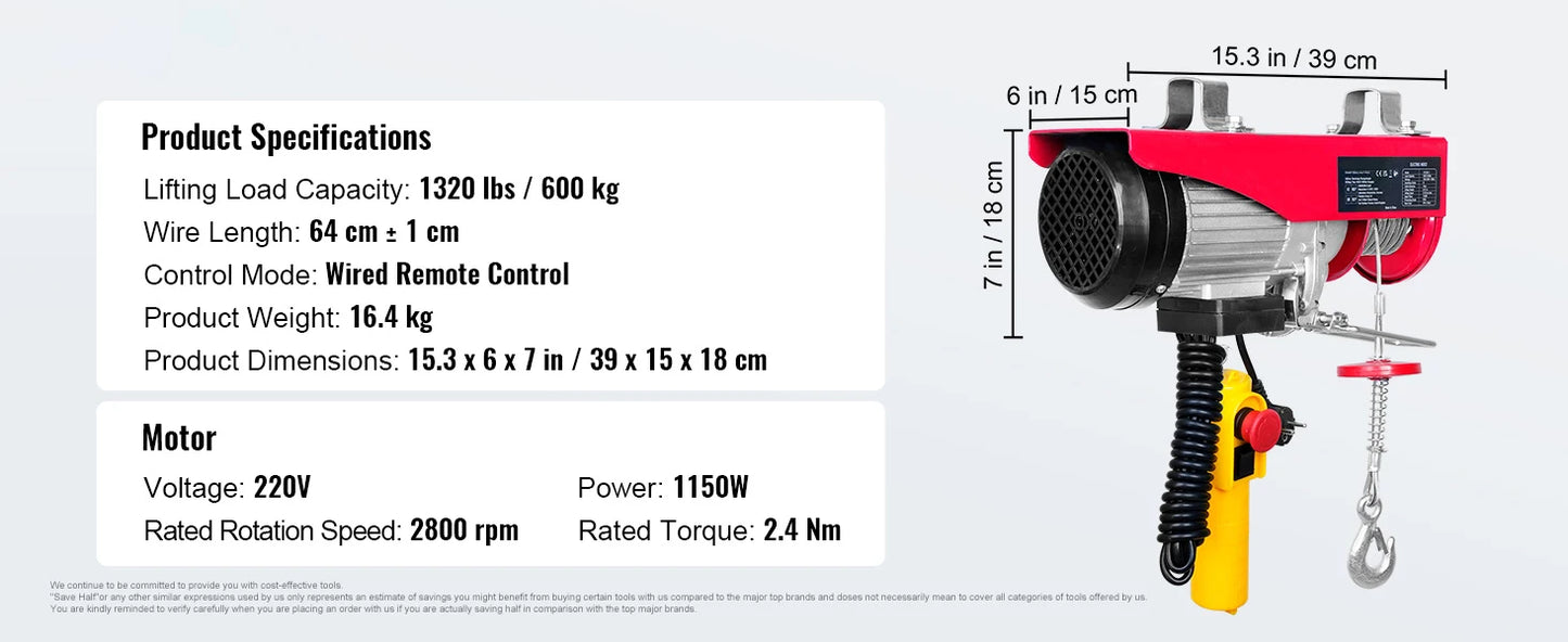 SucceBuy 880/1760/2640lbs Wired Electric Hoist with 40ft Lifting Height & Pure Copper Motor Electric Steel Wire Winch for Garage.
