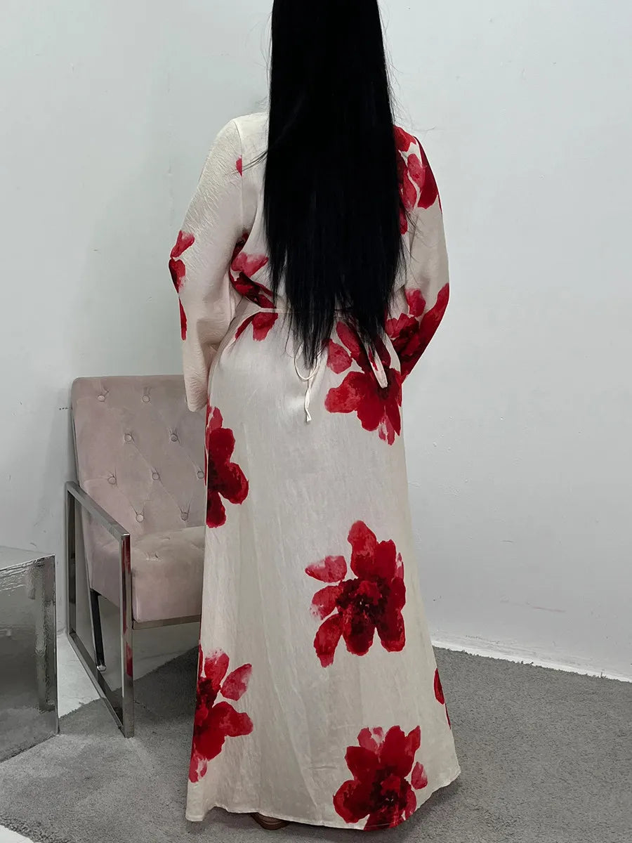 Women Arabic Eid Muslim Dubai Abaya Dress Luxury Fashion Flower Print Long Dress Kaftan Robe Femme African Islam Clothing Kebaya.