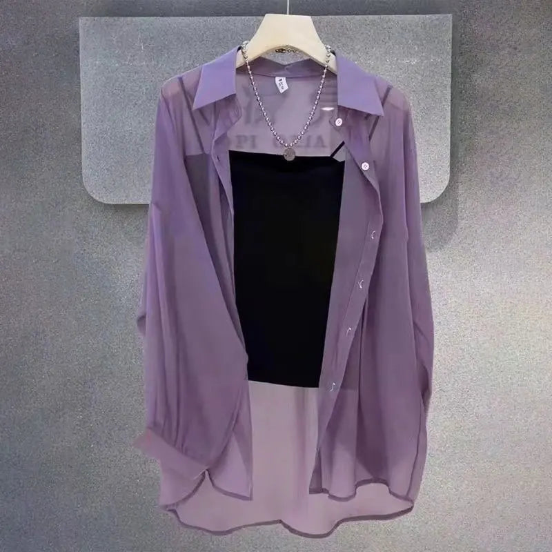 Sheer Chiffon Shirt Women's Casual UV Resistant Cardigan Summer Thin Commuting Coat Japanese Fashion Mesh Sunscreen Clothing Y2k