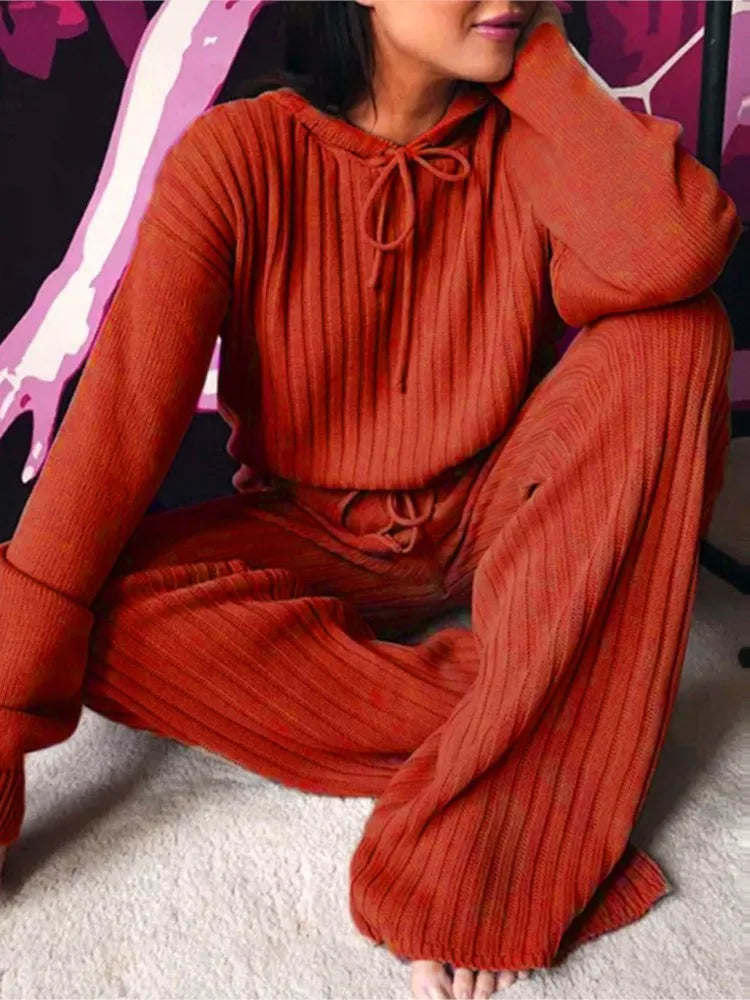 Autumn New Knitted Cotton Sliver Hooded Women's Long Pants Suit Casual Fashion Drawstring Lace Up Pants Female 2 Piece Set 2025