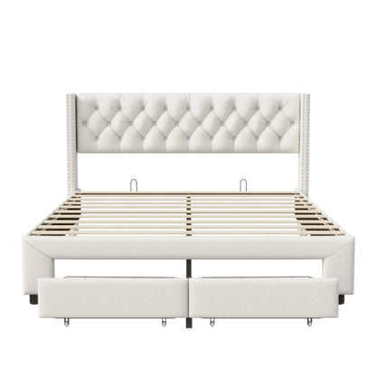 Lazyspace Samtpolsterbett, Doppelbett mit LED-Beleuchtung und USB, hydraulischer Bettrahmen mit Stauraum und 2 Schubladen