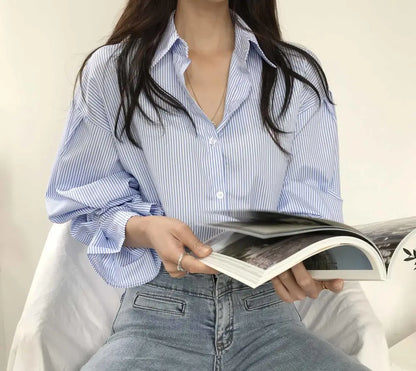 oose Stripe Women Shirts 2025 Fashion Lapel Collar Long Sleeve Shirt Elegant Classic Top.