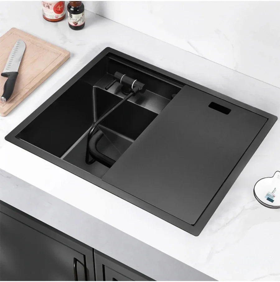 Nanometer Double Cover Hidden Kitchen Sink 304 Stainless Steel 3 Holes Handmade Single Large Size Kitchen Hidden Sinks