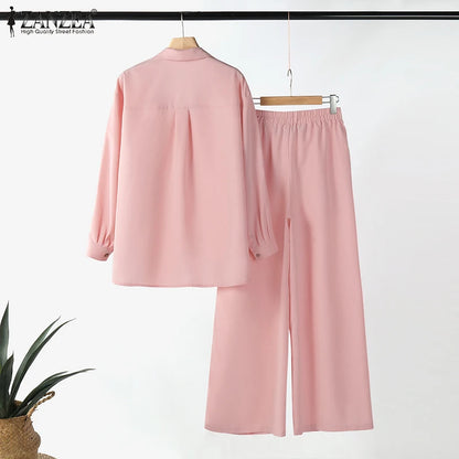 ZANZEA Fashion Women Casual Trousers Suits 2PCS Autumn Long Sleeve Blouse Solid Wide Leg Pants Sets Loose Work Tracksuit Outifit
