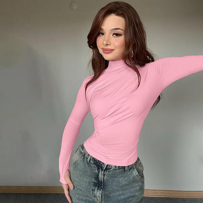 Solid Color High Neck Elegant  Tops For Woman Fashion Chic Pleated Long Sleeves Slim Shirt Spring Autumn Ladies Sexy Blouses.