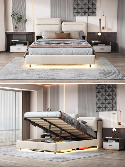 Creahappy – Weich gepolstertes Doppelbett – mit faltbarem, verstellbarem Kopfteil – hydraulischer Stangenbettrahmen – LED-Streifenbeleuchtung unter dem Bett