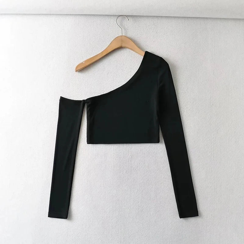 Women's One Shoulder Long Sleeved Crop Top