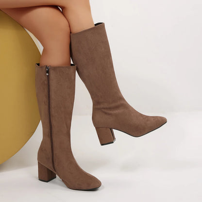 Women Boots Autumn Winter Elastic Slimming Knee-High Boots Fashion Pointed Toe Thick Heel Shoes Woman Side Zipper Casual Botas
