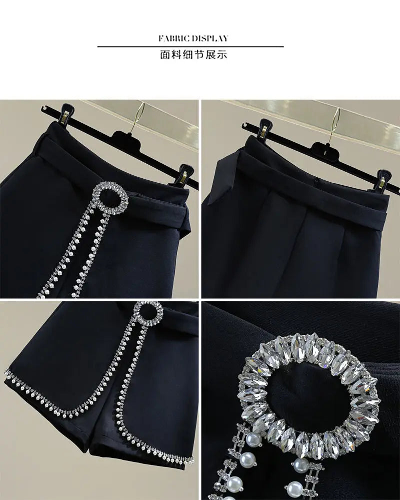 2025 Spring Summer New Simplicity Fashion Diamonds High Waist Shorts Women Clothes Fashion Patchwork Solid Color Wide Leg Pants.