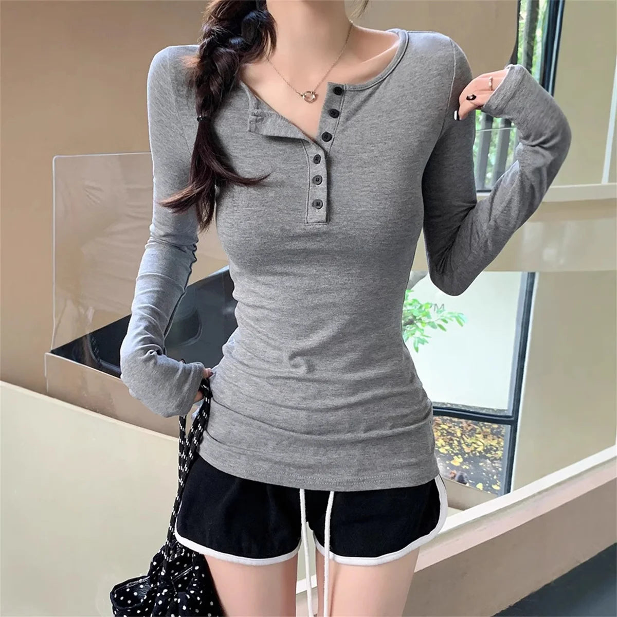 Women Fashion Slim Long Sleeve Shirts Button Solid Sexy Girl Pullover Tops Spring Fall Retro Simple T-shirt Casual Street Y2K.