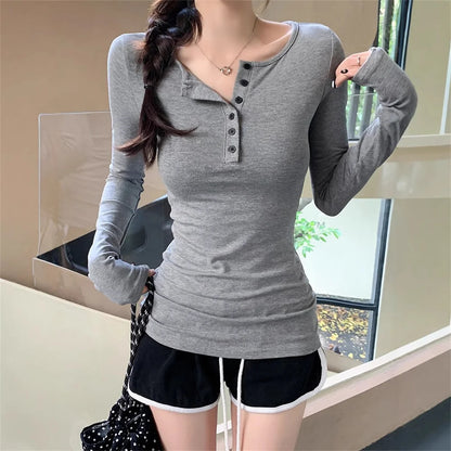 Women Fashion Slim Long Sleeve Shirts Button Solid Sexy Girl Pullover Tops Spring Fall Retro Simple T-shirt Casual Street Y2K.