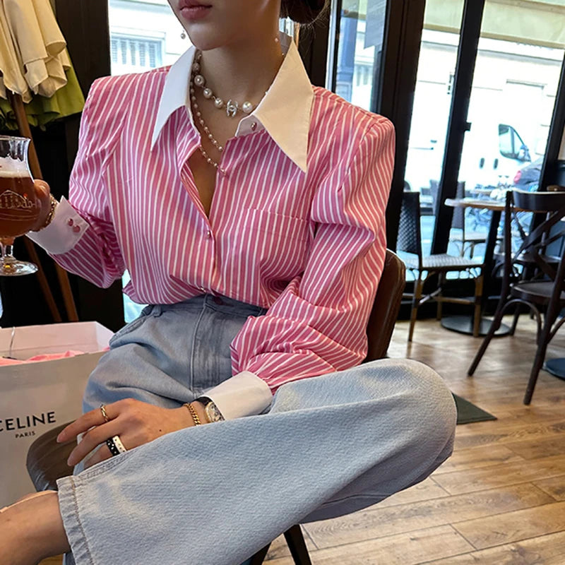 Jmprs Elegant Women Shirts Korean Striped Red Fashion Turn Down Collar Office Ladies Tops Long Sleeve Causal Female Blouse.