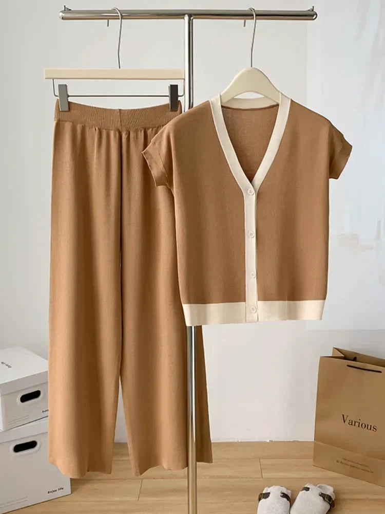 Fashion Knitted 2 Pieces Sets Women V-Neck Single Breasted Cardigan+High Waist Wide Leg Long Pants 2024 New Solid Sweater Suits