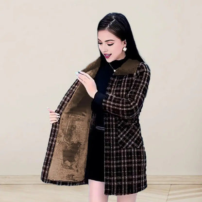 Frauen Plaid Mantel Karierten Winter Mutter Jacke Taschen drehen-unten Kragen einreiher Mid Länge Mantel Mid-aged frauen Mantel.