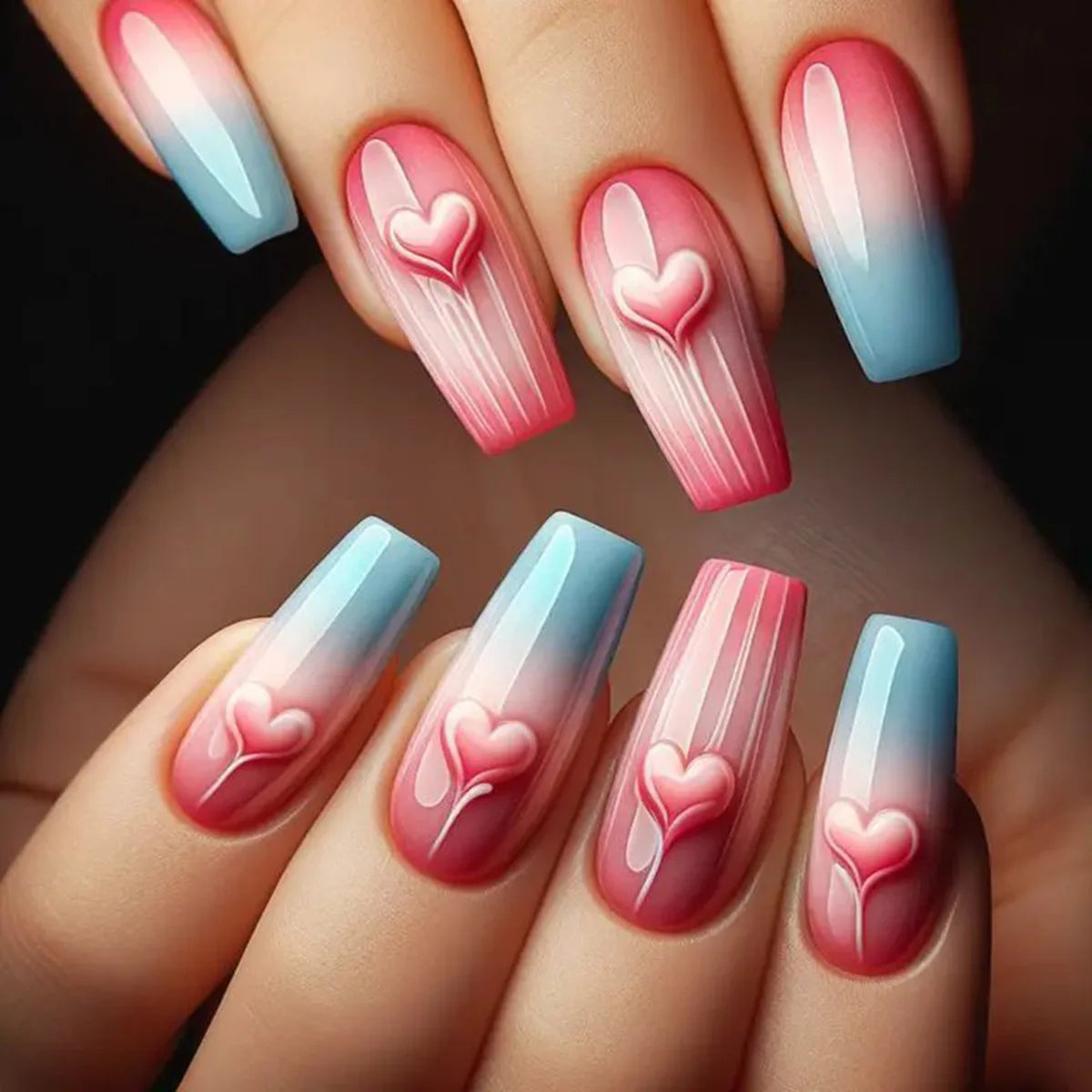 24pcs/set Medium long square fake nails for women girls cute heart flowers feather butterfly design press on false nail art tips