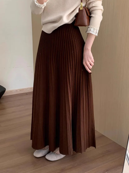 2026 Khaki Cashmere Knitted Midi Skirt for Women, Loose Fit, Draped, Slimming A-Line Pleated Skirt for Autumn and Winter