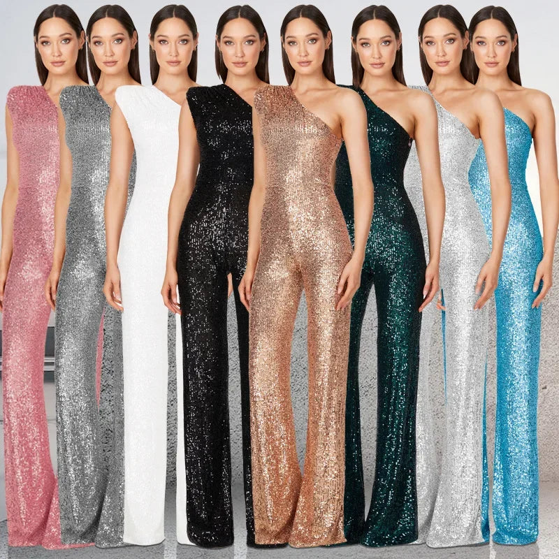 Women Elegant Long Jumpsuits Sexy Glitter Sequin Club Ladies Playsuits Slanted Collar Party Fashion Backless Solid Romper 2024.