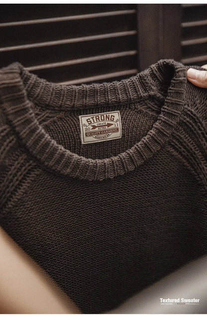 Maden New Vintage Heavyweight Knitted Crew-neck Sweater Brown Warm Pullover Men's Versatile Top for Autumn and Winter Knitwear.