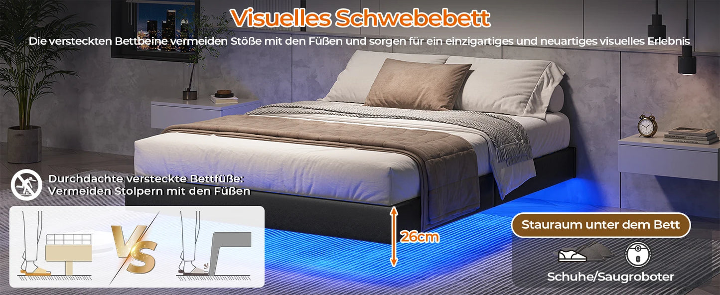 Bett 140x200 mit verstellbarer Beleuchtung, Bettgestell 140x200 mit weicher Polsterung, schwebender Bettrahmen, gepolsterte Jugendbe