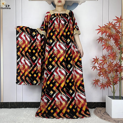 New Muslim Dress Woman Short Sleeve Dashiki African Abaya Tie-dyed Printing Cotton Loose Femme Robe Islamic Dresses With Scarf