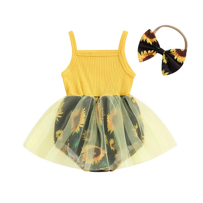 Baby Stram pler Kleid Sonnenblumen Print Spaghetti träger Tüll Rock Saum Baby Body suits Overall Sommerkleid ung mit Stirnband.