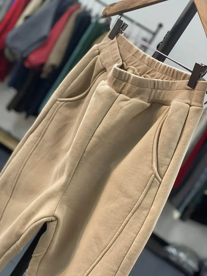 Autumn/Winter 150kg American Retro Cuffed Casual Trousers Men's Korean Slimming Patchwork Fleece-lined Harem Trousers Sweatpants.