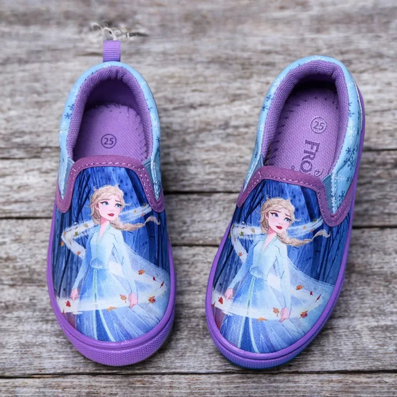 Disney Children's Casual Canvas Shoes Cartoon Priness Elsa Pattern Girls' Cartoon Breathable Shoes Student Blue Shoes Size 26-29.