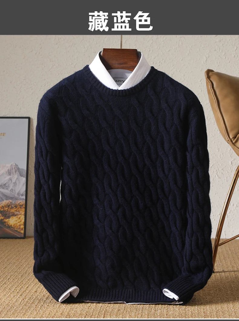 Autumn Winter Thickened Cashmere Sweater 100% Merino Wool Men's Top O-Neck Twisted Pullover Knitted Loose Long Sleeve Sweater.