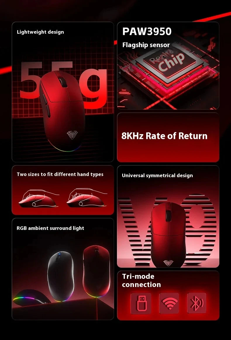 New Aula V9 Ultra Wireless E-sports Gaming Mouse Double 8k 3mode PAW 3950 8k 55g Lightweight Ergonomic Mouse Custom PC Accessory.