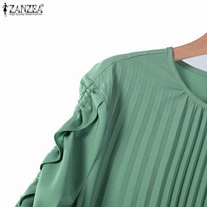 Muslim Hijab Dresses Abaya ZANZEA Spring Maxi Sundress Women Fashion Long Sleeve Pleated Party Dress IsIamic Clothing Robe Femme.