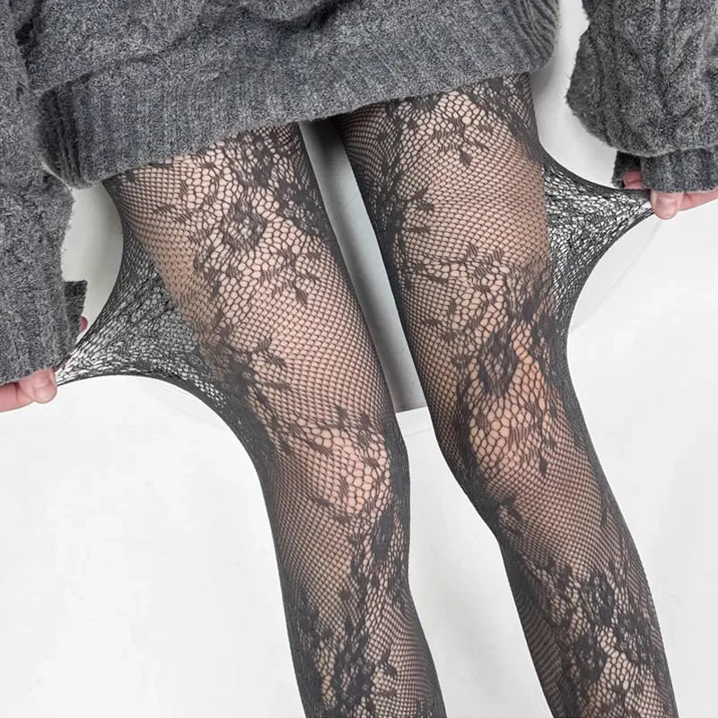 Classic Lolita Hollowed Out Lace Mesh Stockings Bottomed Pantyhose Japanese Lolita Retro Floral Rattan White Hosiery Hot Tights