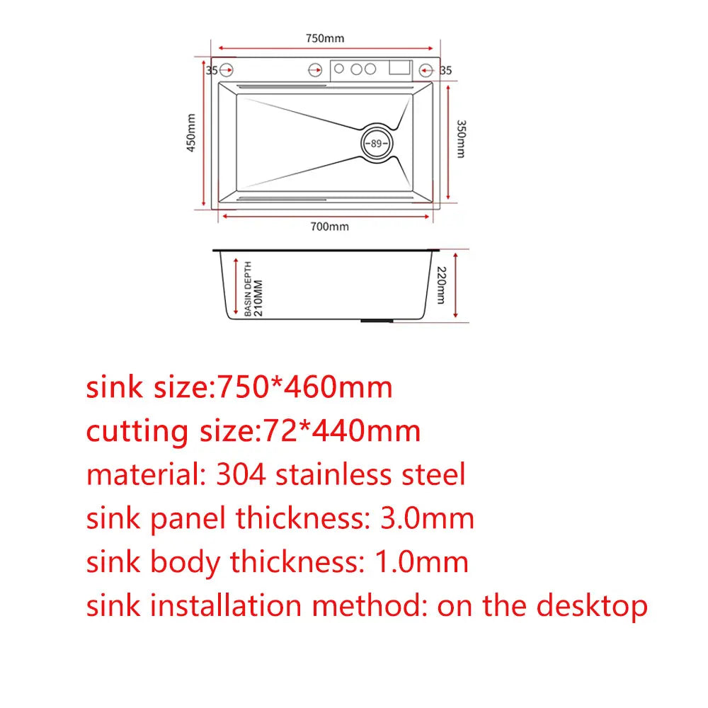 LED-Wasserfall-Küchenspüle, Spüle aus Edelstahl 304, großes Einzelbecken mit Multifunktions-Wasserfall-Wasserhahn über der Theke
